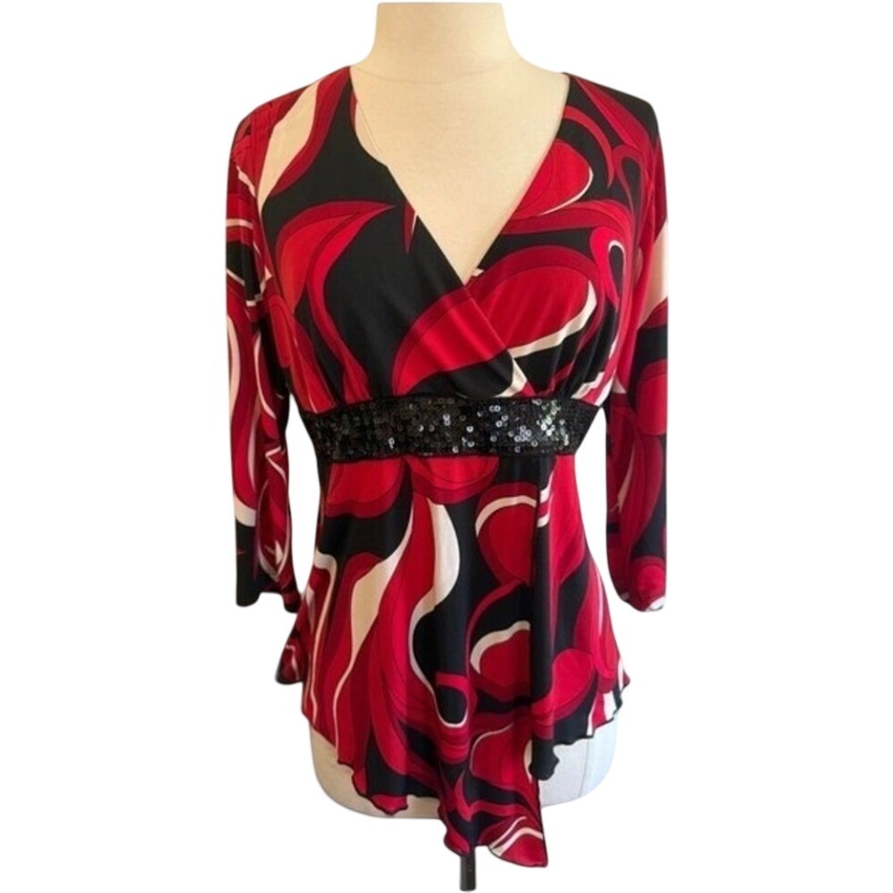 Red Black Swirl Print Sequin Empire Waist Sharkbite Hem Top PL 9-5113-3389